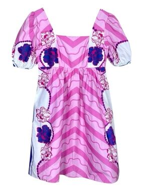 Celina Moon Pink Floral Cotton Puff Sleeve Babydoll Mini Dress XS NWT